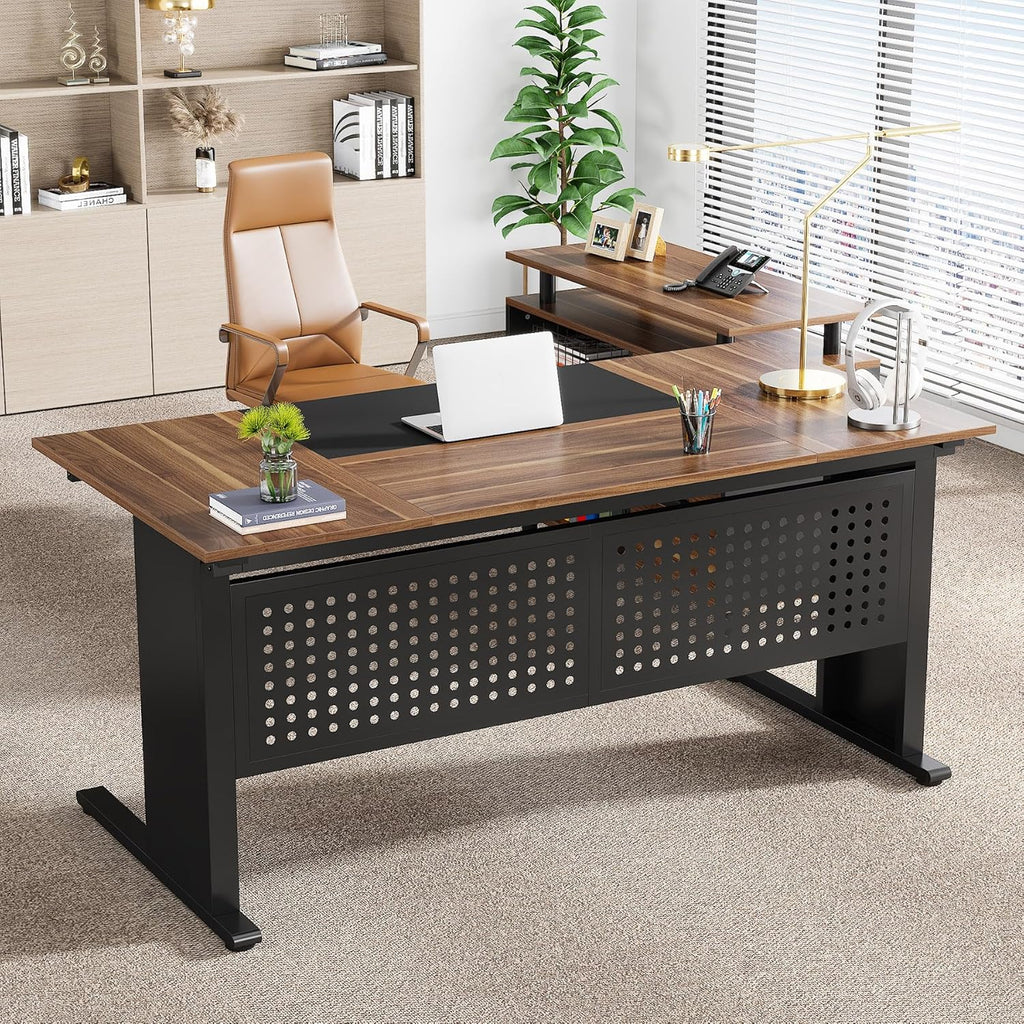 63 Inch L Shaped Executive Computer Desk with File Cabinet, Brown and Black G986925