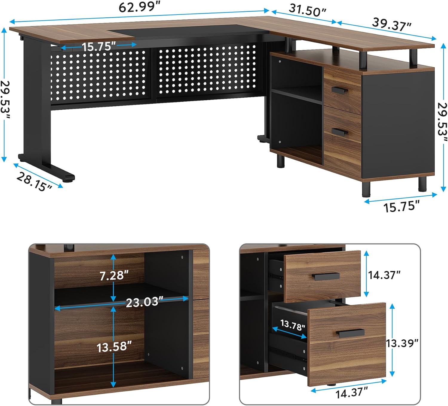 63 Inch L Shaped Executive Computer Desk with File Cabinet, Brown and Black G986925