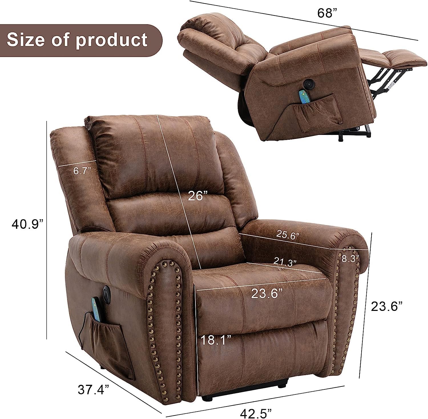 Phoenix Home Power Lift Chair for Elderly Leather Electric Reclining with Massage and Heating, Brown J82667