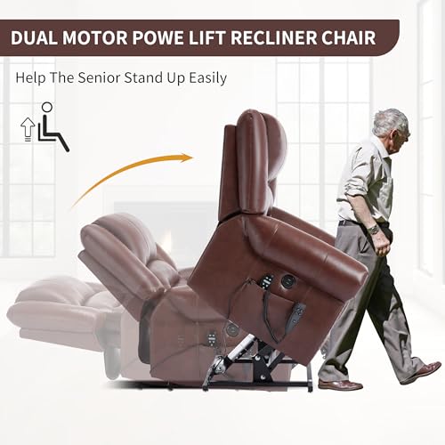 Dual Motor Power Lift Recliner Chair with Massage and Heat, Faux Leather, Brown V8458