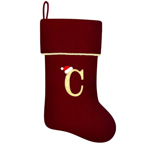 20 Inches Initial Monogram Blue Velvet Christmas Stocking with Gold Trim U394