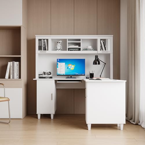 White Corner Desk L Shaped Computer Desk with Drawers and Shelves M491399
