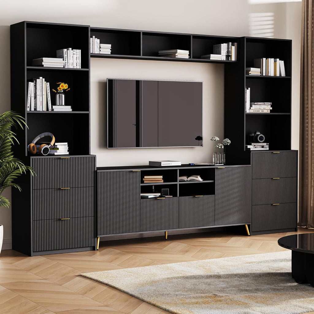 4-Piece Entertainment Wall Unit with 13 Shelves,8 Drawers and 2 Cabinets Modern TV Center with Bookshelves and Bridge Cabinet,Living Room Tall Bookshelf with Storage for Televisions Up to 75''