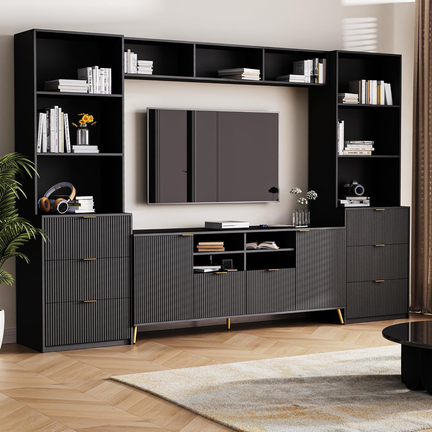 4-Piece Entertainment Wall Unit with 13 Shelves,8 Drawers and 2 Cabinets Modern TV Center with Bookshelves and Bridge Cabinet,Living Room Tall Bookshelf with Storage for Televisions Up to 75''