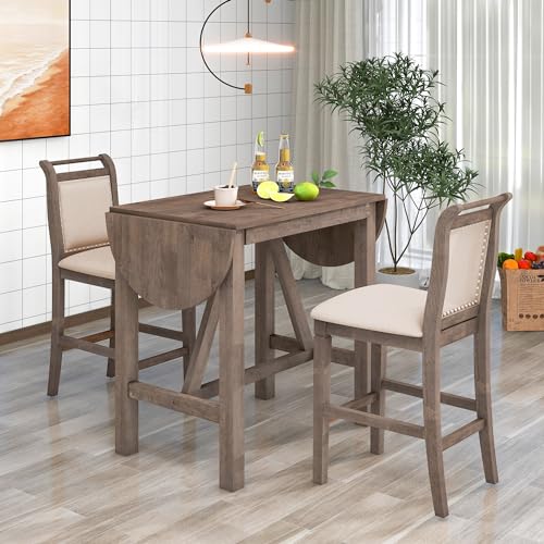 LUMISOL 3 Piece Drop Leaf Table Set, Drop Leaf Table and 2 Chairs, 3 Piece Dining Table Set for Living Room Dining Room Small Place, Counter Height Small Table Set for 2, White