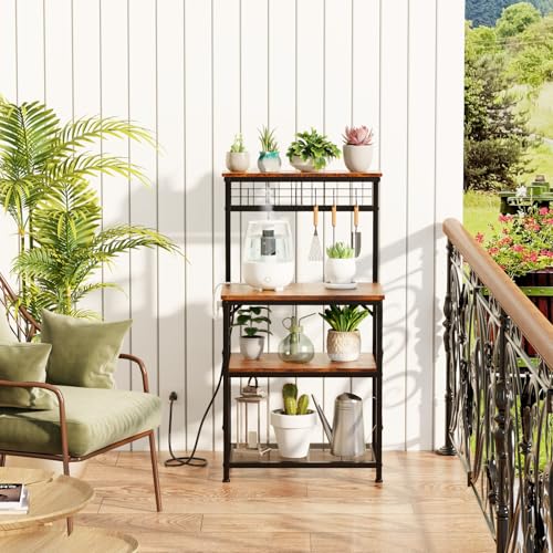 Furologee Bakers Rack with Power Outlet and LED Light, 4-Tier Microwave Stand, Rustic Brown M537