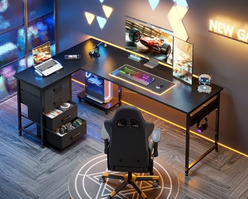 AODK L Shaped Gaming Desk with 4 Drawers, Power Outlets, Black P81263