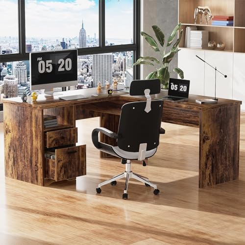 Unikito L Shaped Desk with Lift Top and Drawer, Power Outlets, Black C26845
