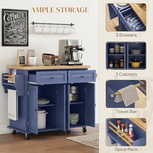 HOMCOM Kitchen Island on Wheels with Rubberwood Top, Navy Blue X7812