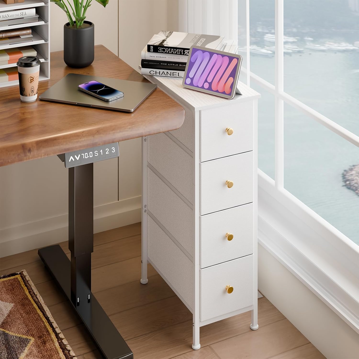 Fixwal Narrow Storage Cabinet with 4 Drawers, White, Steel Frame J10025