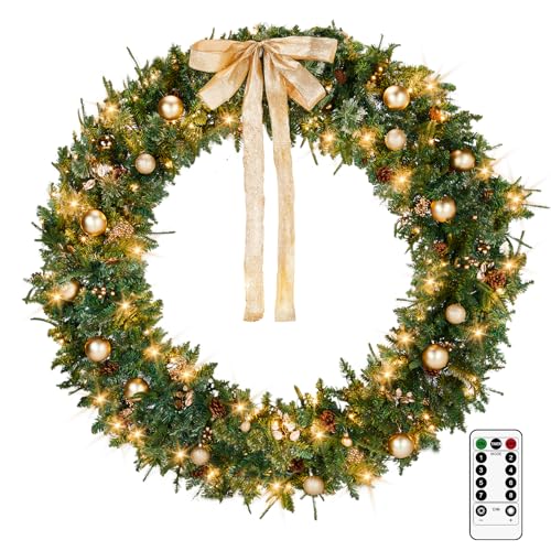 VINGLI 48 Inch Pre-lit Artificial Christmas Wreath with 150 LED Lights T885