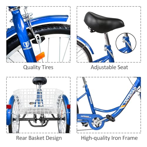 7-Speed Adult Tricycle with Large Basket 24/26 Inch, 3-Wheel Cruise Bicycle C64822