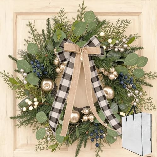 24 Inch Winter Christmas Wreath for Front Door with Storage Bag - Gold Apple & Blue/White Berry Holiday Wreath with Buffalo Plaid Bow - Realistic Greenery for Outdoor Christmas Decorations