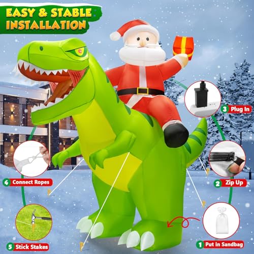 9x8FT Christmas Inflatables Outdoor Santa Riding Dinosaur with LED Lights J950277