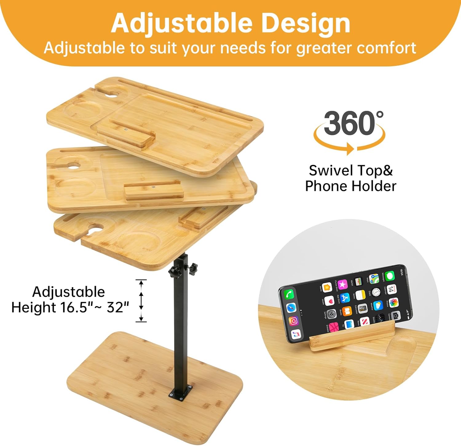 Bamboo Couch Tray Table with 360° Swivel and Height Adjustment K617
