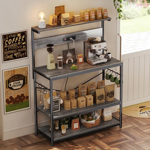 SUPERJARE Kitchen Bakers Rack with Power Outlet, Coffee Bar Table, Rustic Brown W637
