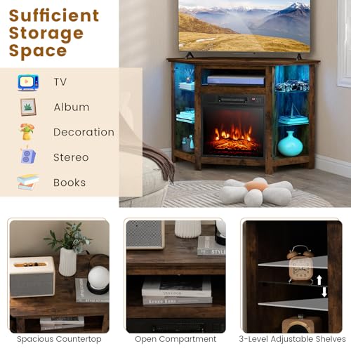 Fireplace Corner TV Stand for 50 Inch TV with LED Lights, Rustic Brown F48207