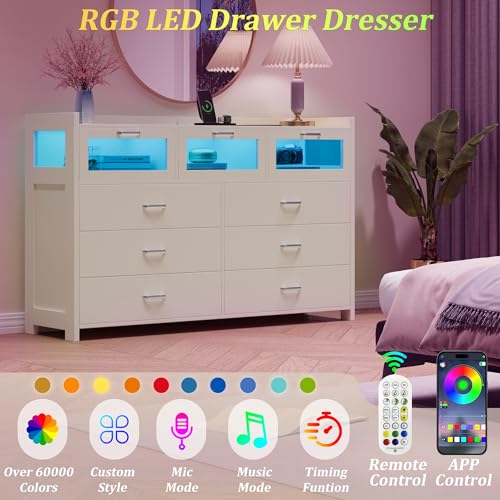 Black Dresser with 9 Drawers, LED Lights and Charging Station X1464