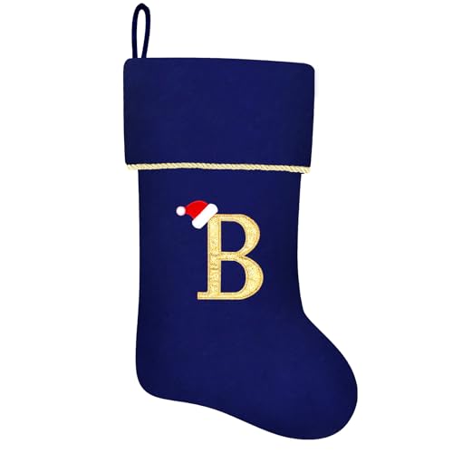 20 Inches Initial Monogram Blue Velvet Christmas Stocking with Gold Trim U394