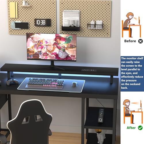 Computer Desk with Drawer, Power Outlets and LED Light, Black C8370