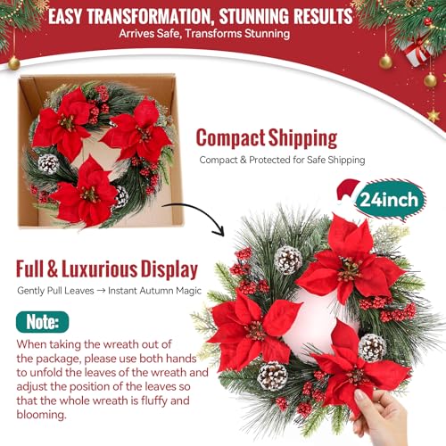 24 Inch Christmas Wreath with Red Bow for Front Door C225