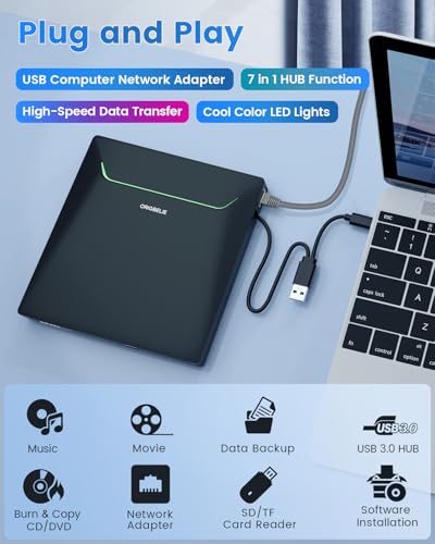 External CD DVD Drive for Laptop, USB 3.0 Type-C, Slim Portable Burner T70166
