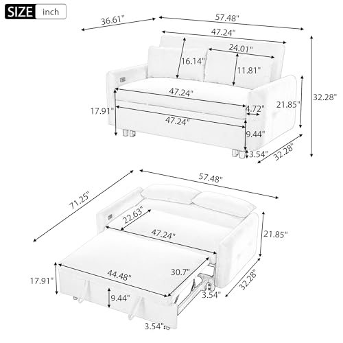 Merax Pull-Out Sofa Bed with Adjustable Backrest, 2 Seat Loveseat, USB Ports, Light Blue S417