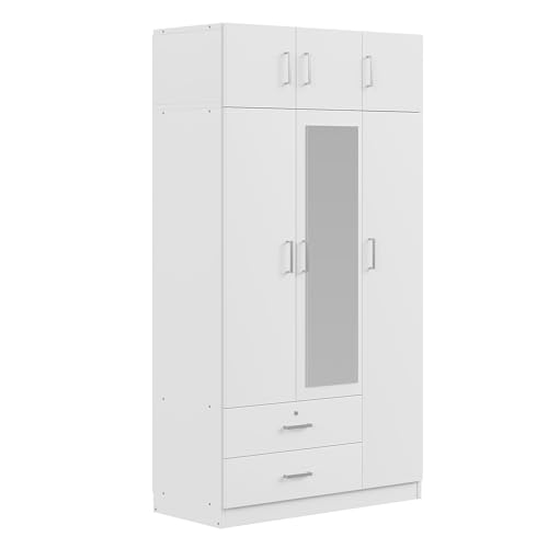 Mirror 3 Doors Closet Wardrobe with 2 Drawers and Top Cabinet, White T40591