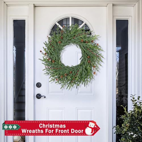 26 Inch Christmas Wreath with Red Berry Artificial Pine Cedar Front Door Decor D349135