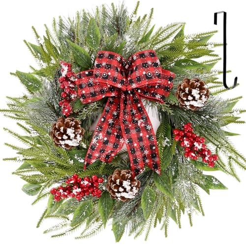 24 Inch Christmas Wreath with Red Bow for Front Door C225