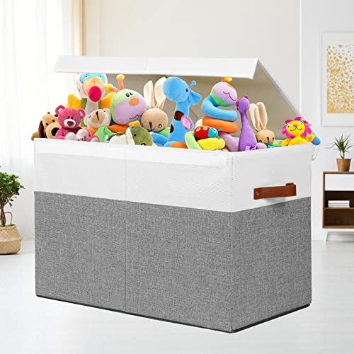 Large Toy Storage Box with Lid and Dividers for Kids, Beige and White X95078