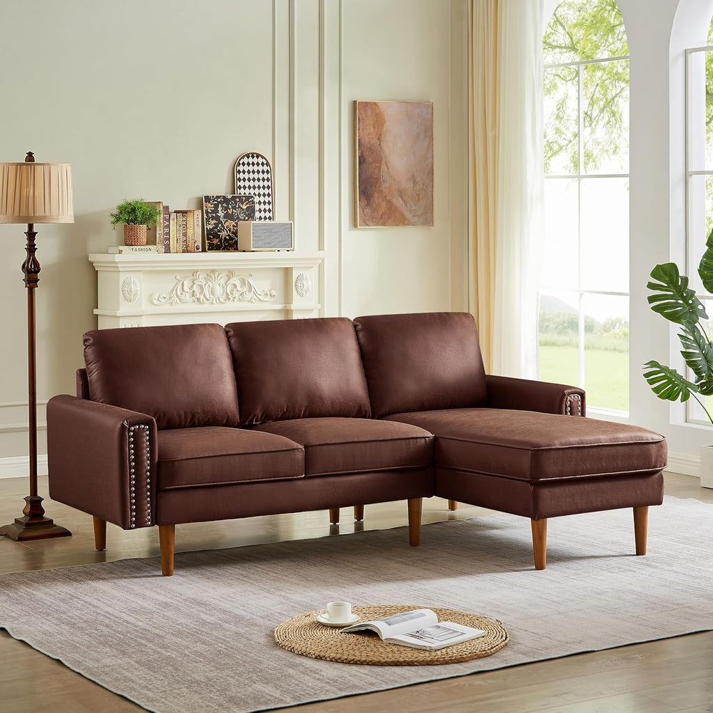 Mid Century Suede Leather Sofa with Right Chaise Lounge, 3 Seater L-Shaped Couch X618