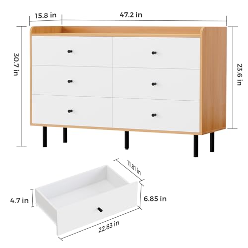 White Nursery Dresser with 6 Drawers, Modern Wood, Black Knobs G330