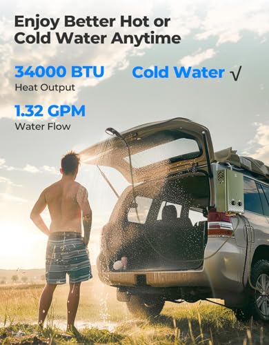 KEMIMOTO Propane Tankless Water Heater Outdoor Portable 1.32 GPM 34000 BTU for RV Camping Cabin Z62590