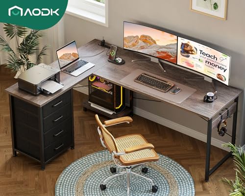 AODK L Shaped Gaming Desk with 4 Drawers, Power Outlets, Black P81263