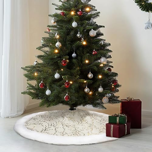 SYITCUN Christmas Tree Skirt, 48 Inch White and Gold Faux Fur F99847