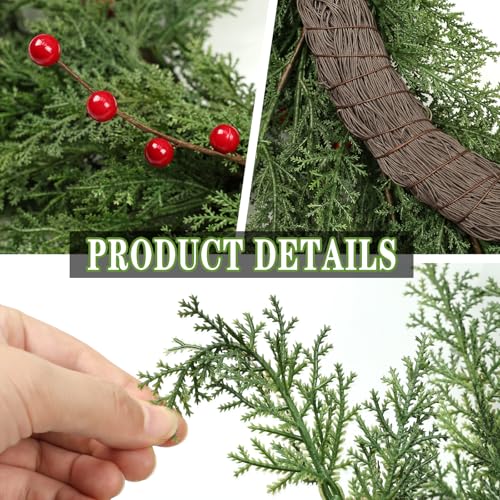 Lush Christmas Wreath with Red Berries 24 inch Faux Cedar for Front Door P46434