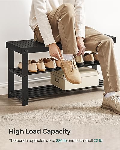SONGMICS 3-Tier Bamboo Shoe Rack Bench, Entryway Storage, Ink Black X802