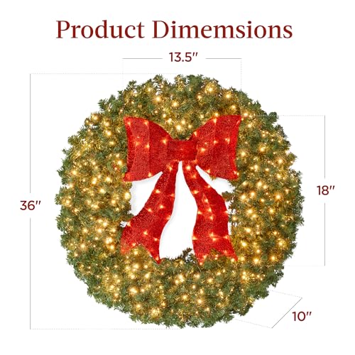 Best Choice Products 36in Pre-Lit Fir Christmas Wreath with Red Lighted Bow M107412