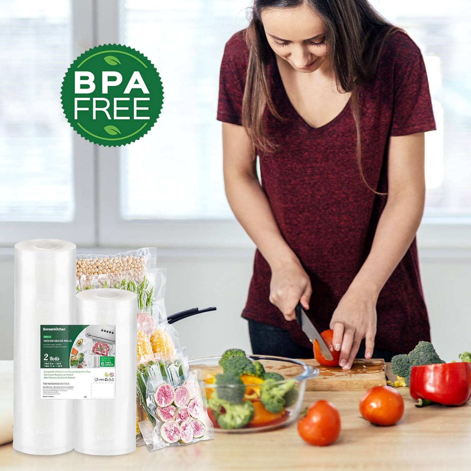 Bonsenkitchen Vacuum Sealer Rolls, 8" x 50' & 11" x 50', BPA Free F90022
