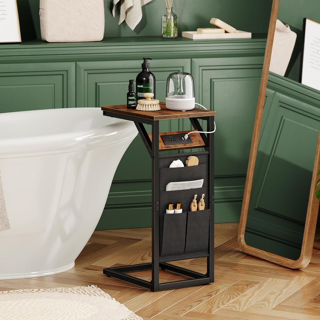 HOOBRO C-Shaped End Table with Charging Station, Metal Frame, Rustic Brown and Black M645406