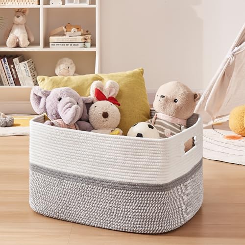 OIAHOMY Large Rectangle Woven Blanket Basket with Handle, Gradient Blue B58762