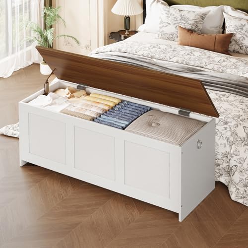 HOOBRO Storage Bench, 39.3" Retro Wooden Chest with Lift Top, White and Walnut C2921