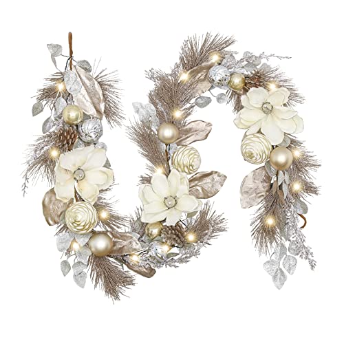 Valery Madelyn 6 Feet Pre-Lit Christmas Garland with Lights for Mantle, Lighted Outdoor Xmas Garland with White Gold Balls & Magnolia for Home Stairs Fireplace Table Centerpiece Indoor Holiday Decor