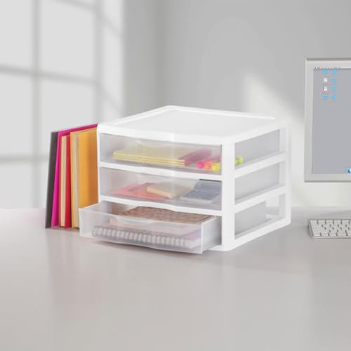Sterilite 3-Pack Wide 3 Drawer Unit, Plastic Desktop Organizer, White Frame X750