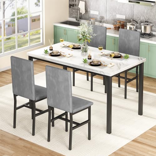 Hooseng Dining Table Set for 4, Faux Marble Tabletop & PU Leather Chairs, Brown & White O605