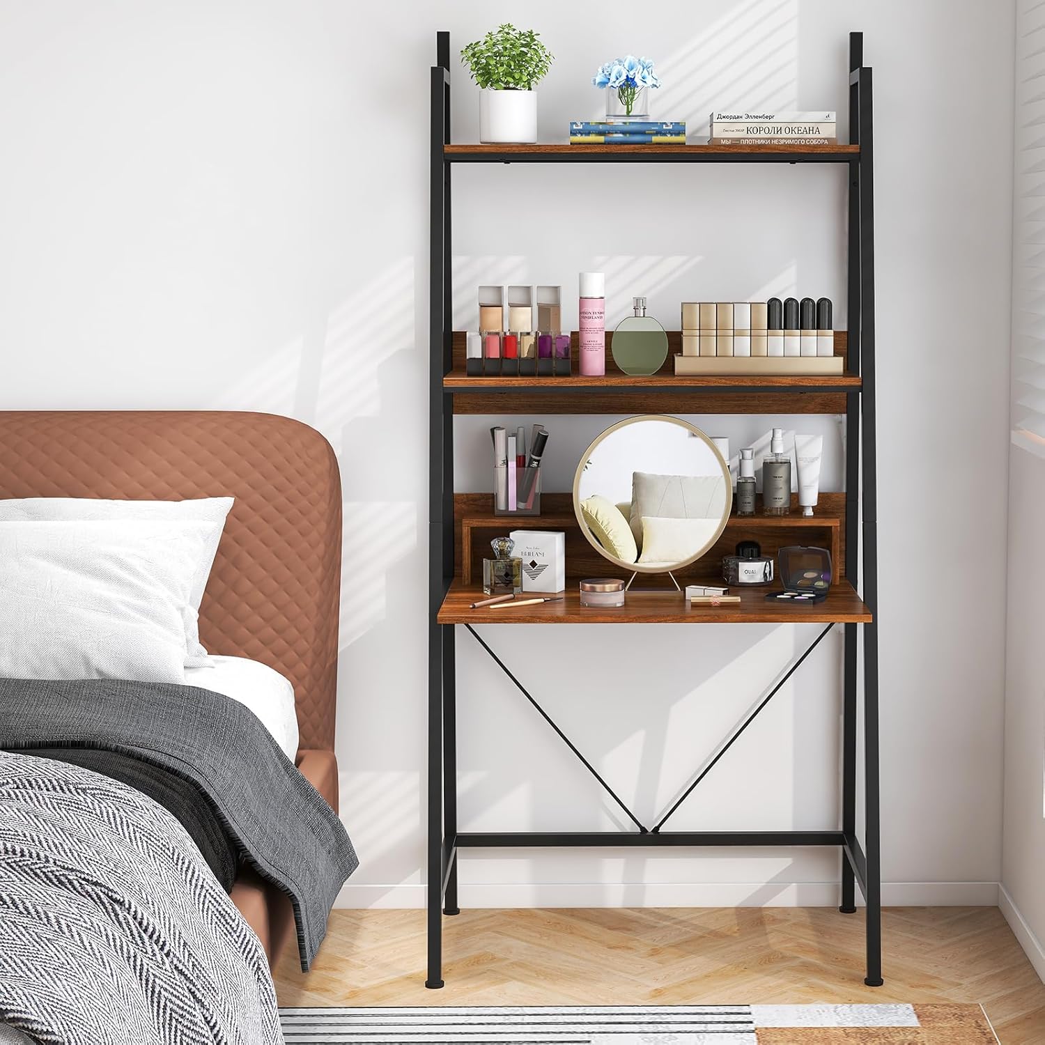 GOFLAME 71" High Ladder Desk with Open Shelves, Brown V699