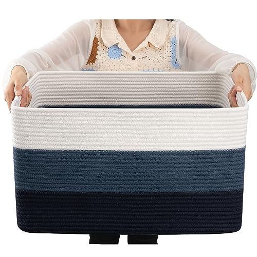 OIAHOMY Large Rectangle Woven Blanket Basket with Handle, Gradient Blue B58762