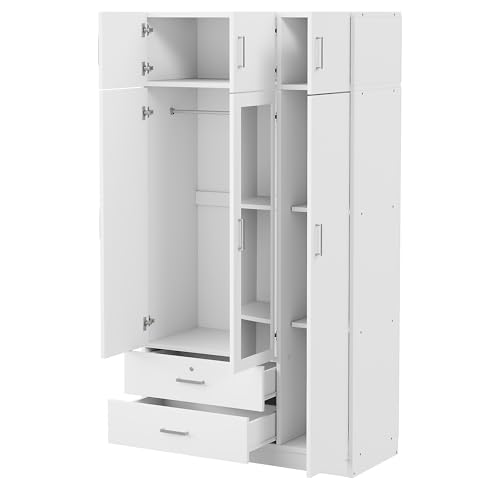 Mirror 3 Doors Closet Wardrobe with 2 Drawers and Top Cabinet, White T40591