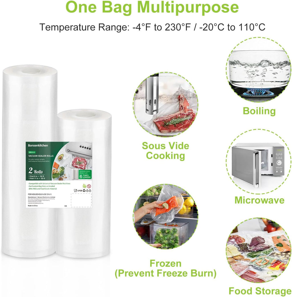 Bonsenkitchen Vacuum Sealer Rolls, 8" x 50' & 11" x 50', BPA Free F90022